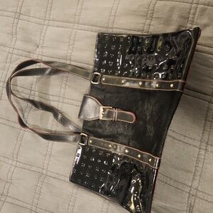 Arcadia Glossy Black Tote with Gold Accents And Fur!